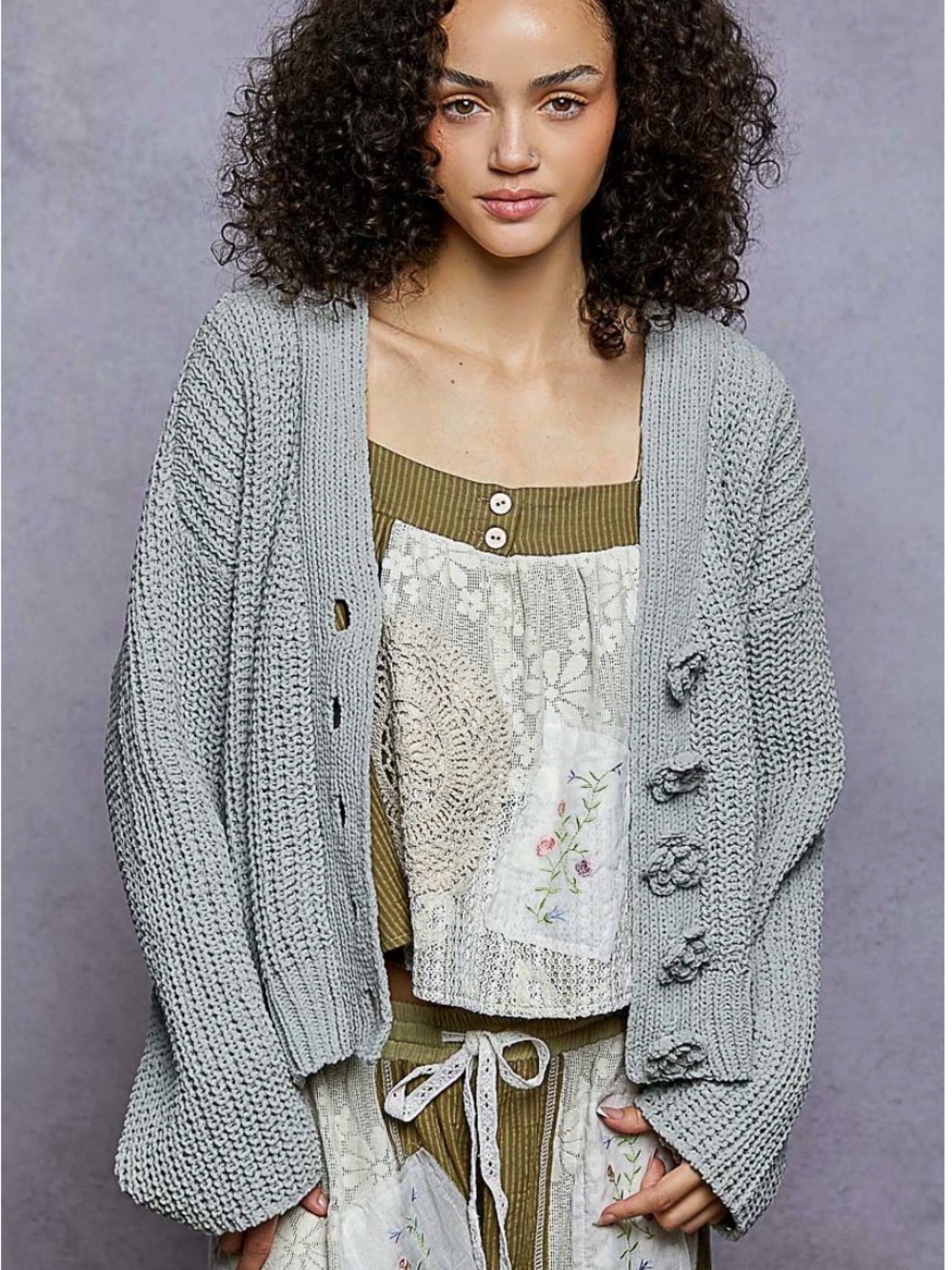 POL Light Gray Chunky Knit Cardigan with Knot Button Details